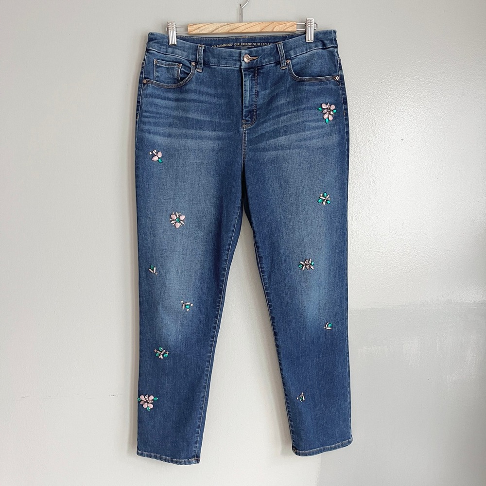 Chico's Girlfriend Jeans Size 10 Blue Jeweled Embellished Slim Leg Ankle